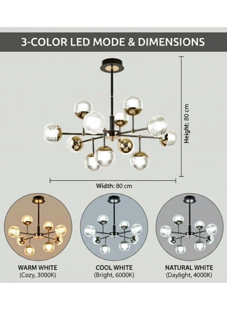 SPOLUX Modern Lighting, Chandelier, Light, Modern chandelier, D:80,H:80 cm, Suitable for Living room, bed room, kitchen, Fixed height, Black + Gold Color - Image 4